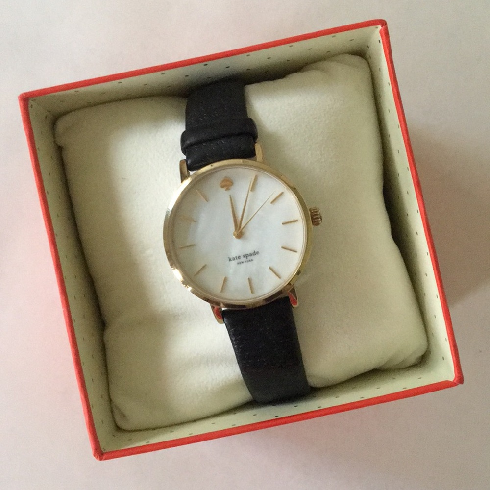 Kate spade black leather mother of pearl watch